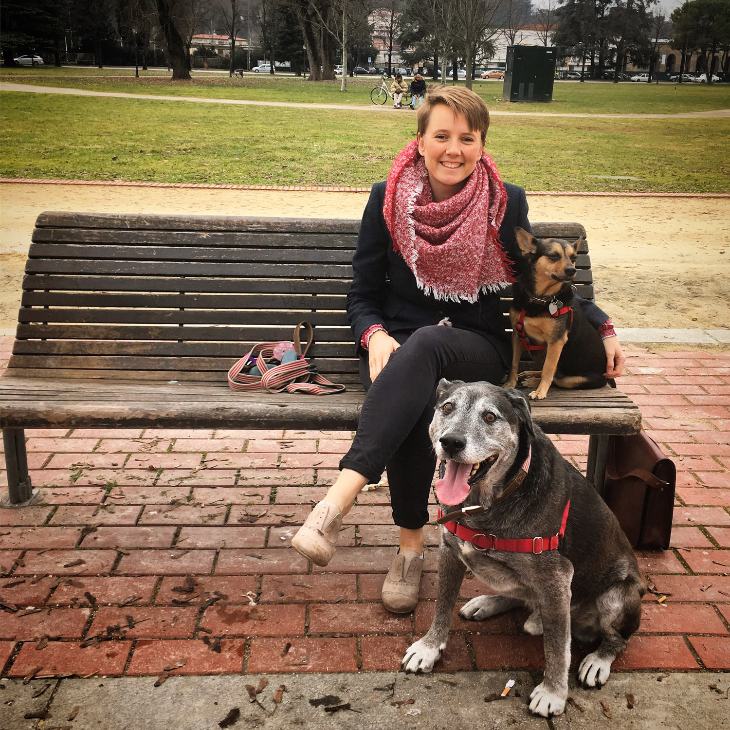 Photo of Lacey Armstrong sitting on the bench with her two dogs.