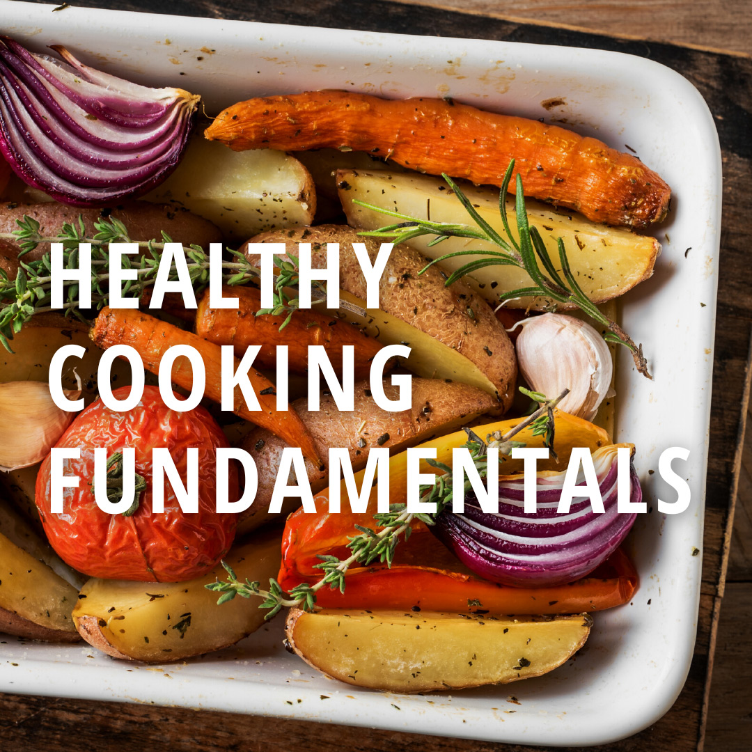Healthy Cooking Words over a dish with oven roasted vegetables.