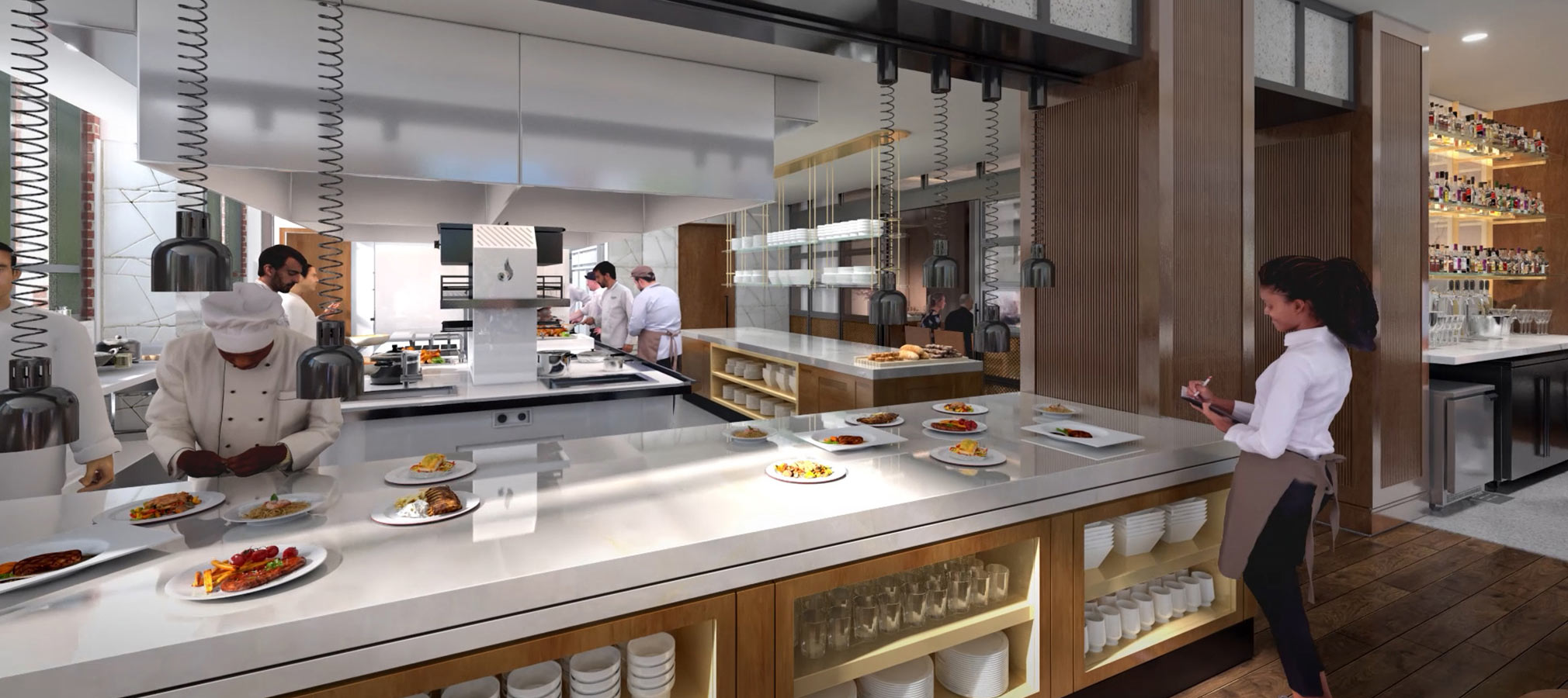 Rendering of the open concept kitchen in the new Rane Culinary Science Center.