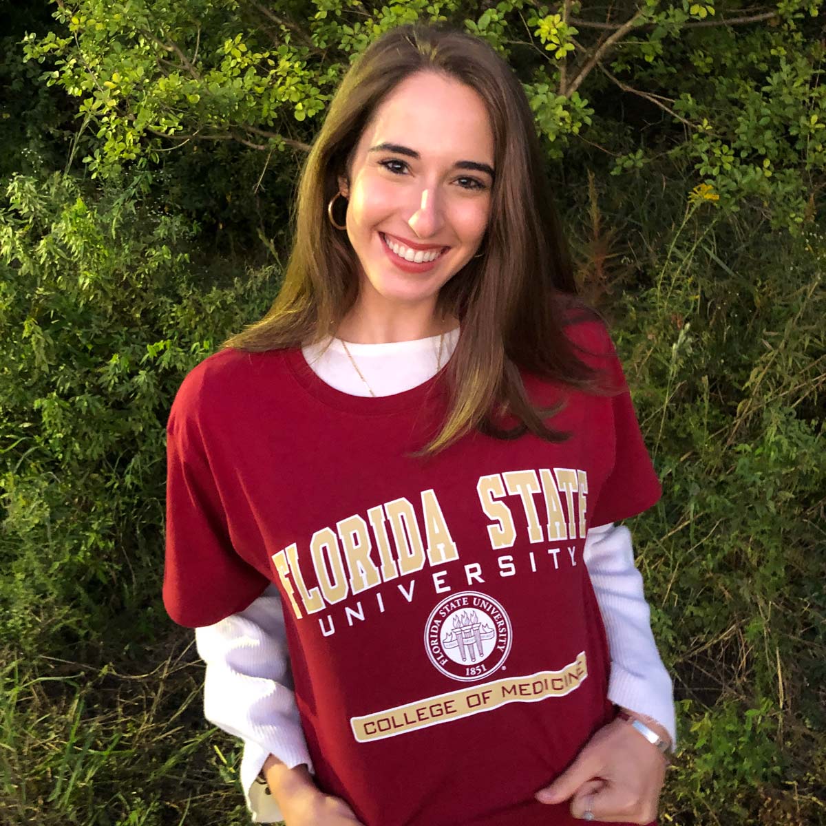 Catherine Maige wearing a Florida State t-shirt.