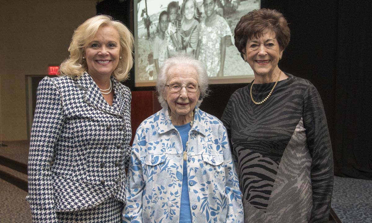 Photo of Dean Susan Hubbard, left, Ruth Galbraith, center, and June Henton, right.