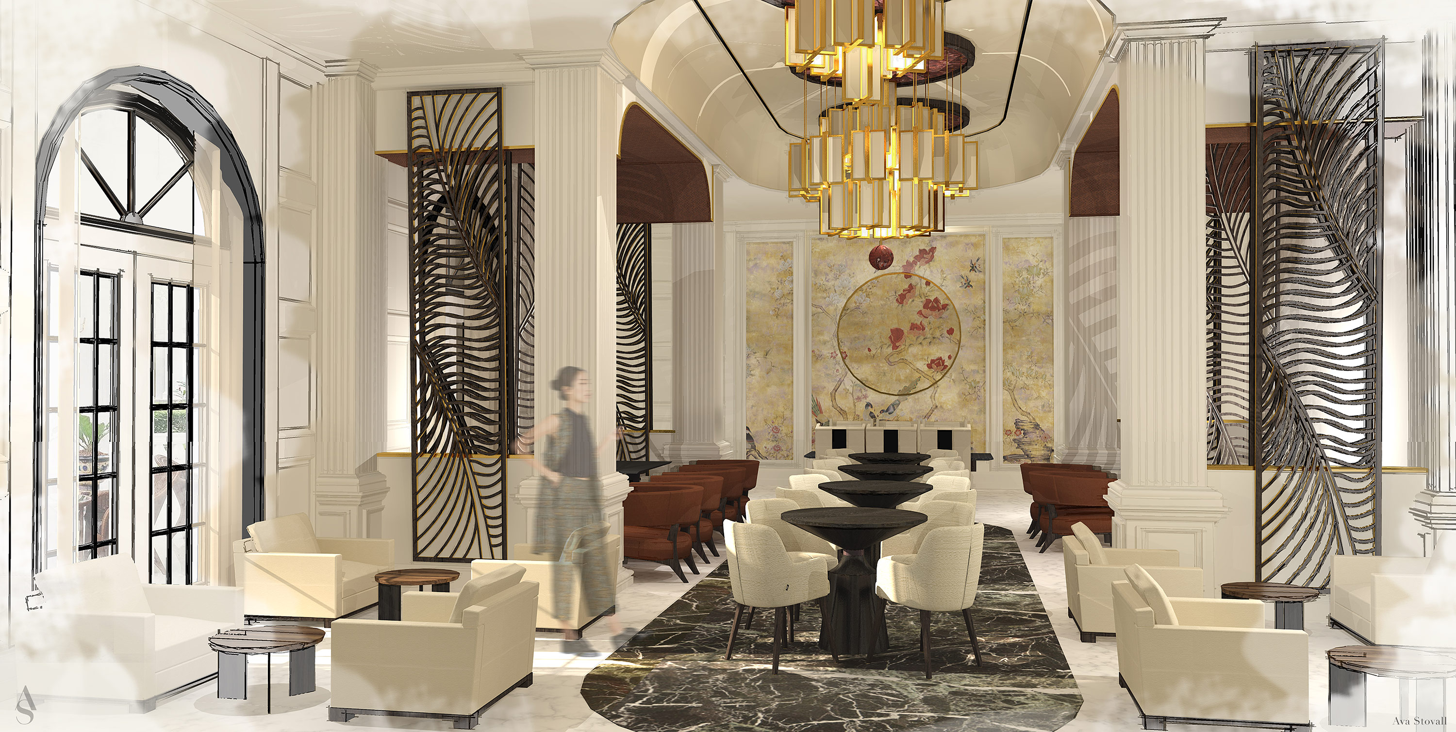 Digital rendering of redesign of lobby of the historic Raffles Hotel in Singapore.