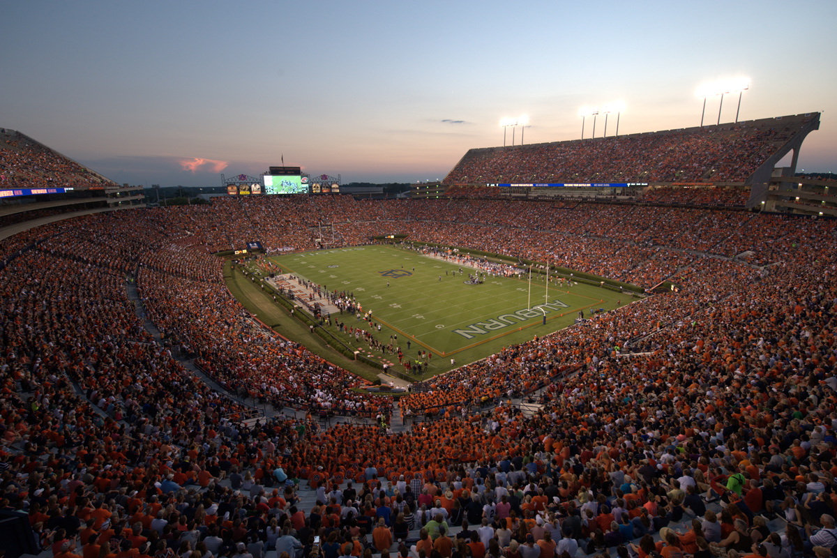 Image of Jordan Hare Stadium from the north end zone upper deck.