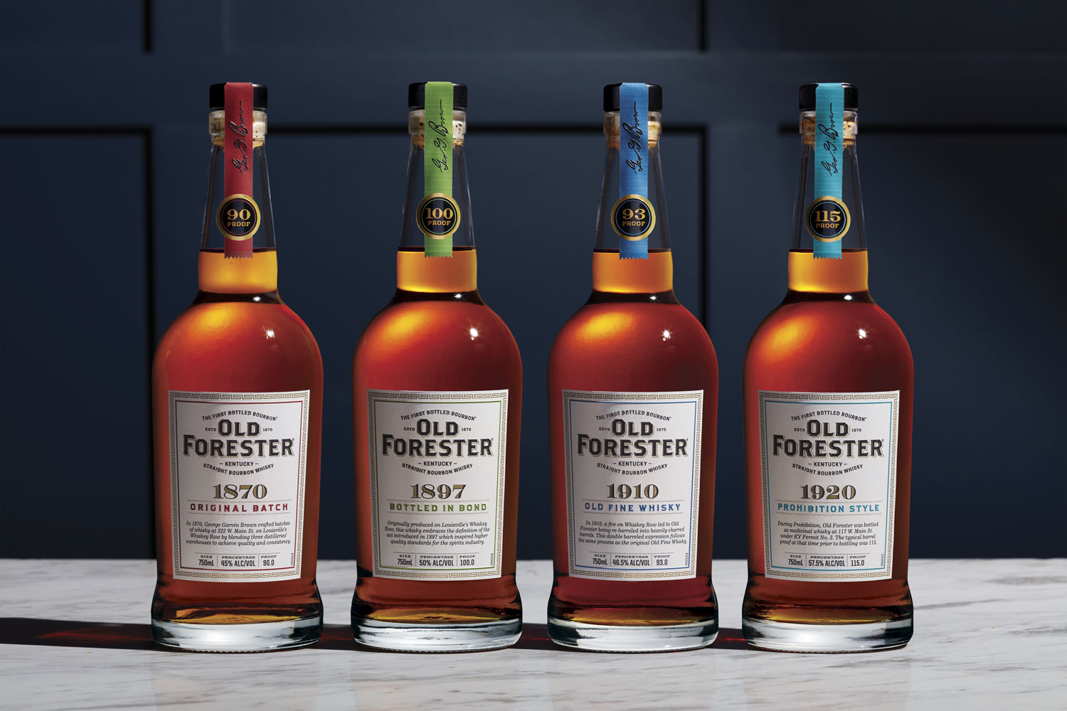 Row of Old Forester's Whiskey Bottles