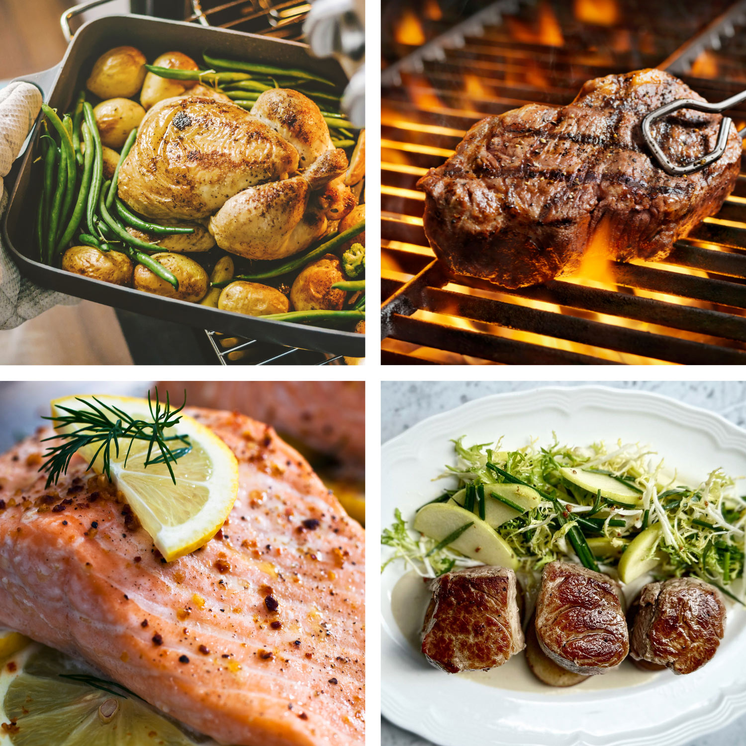 image of various forms of meats that include chicken, fish, steak and pork.