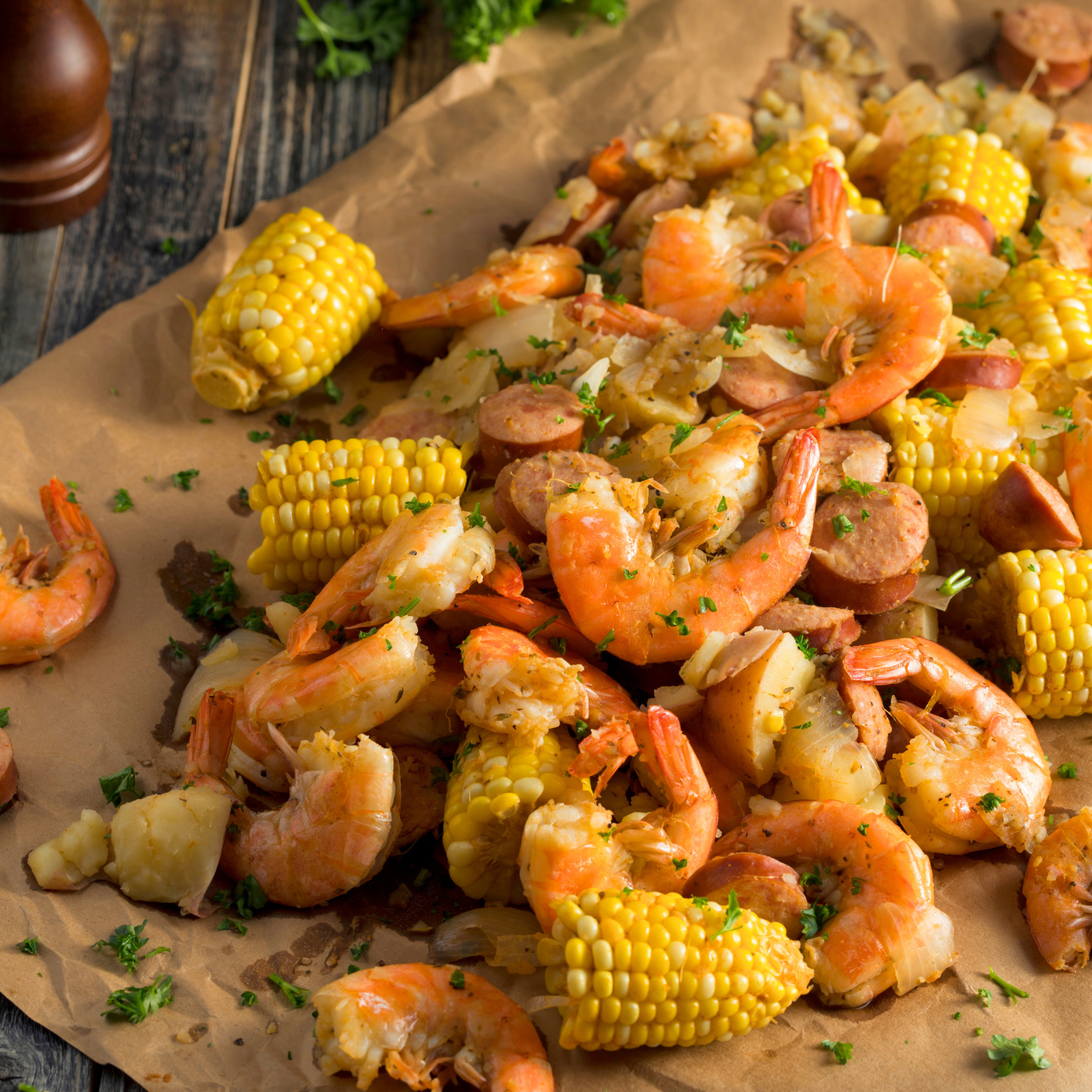 Photo of cooked shrimp and corn on the cob on a paper bag.